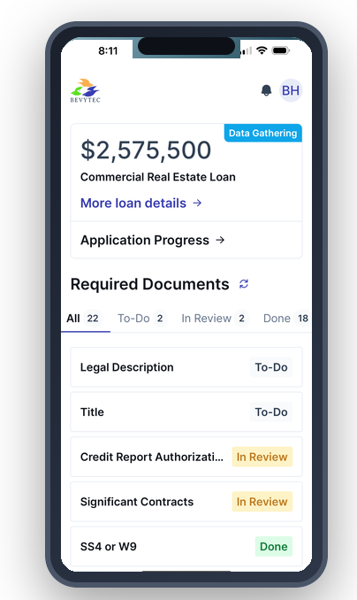 The BEVYdoc borrower portal shown on a mobile phone